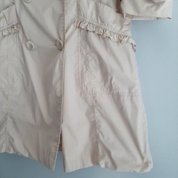BEBE Light Short Coat Jacket w Ruffle Details Beige Sz S Flawed - Picture 7 of 15
